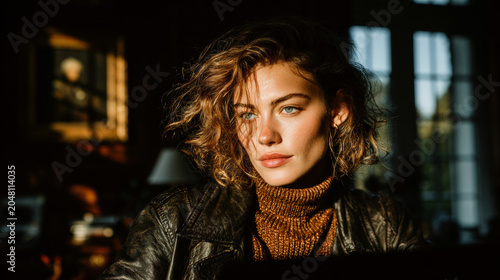 Curly-haired woman wearing a leather jacket