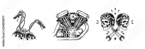 Foto Biker elements set including chopper handlebars motorcycle engine and skull emblem with crossed tools for garage shop