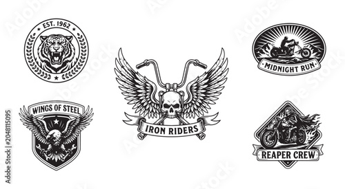 Fotografía Motorcycle badges collection, vintage chopper designs, eagle wings, skull, and custom bike elements