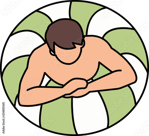 Man in green shorts leaning on a green striped pool float in the water