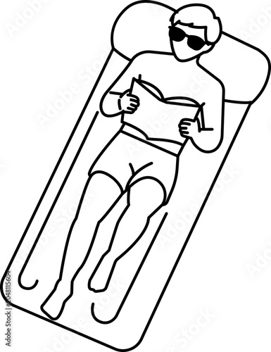 Line drawing of a man reading a book while lying on a pool mattress float