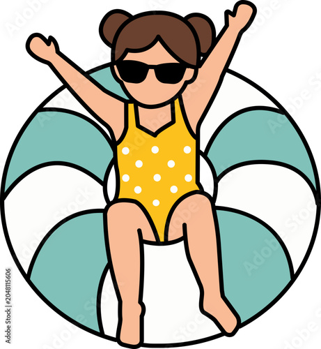 Happy girl in a yellow polka dot swimsuit playing on a blue striped tube