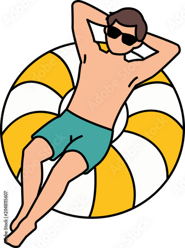 Man with sunglasses and green shorts relaxing on an orange striped pool float