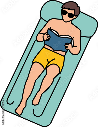 Man in yellow shorts reading a book on a mint green pool mattress