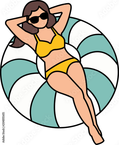 Young woman in a yellow bikini relaxing on a blue striped pool tube