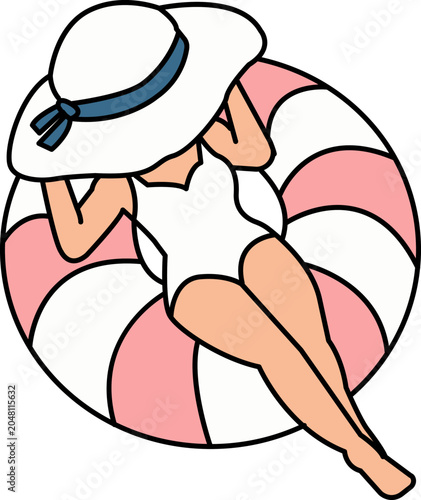 Woman in a white swimsuit resting on a pink striped pool ring