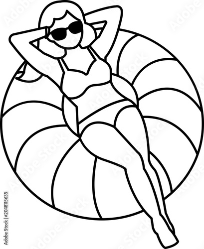 Minimalist line drawing of a woman in a bikini relaxing on a round pool tube