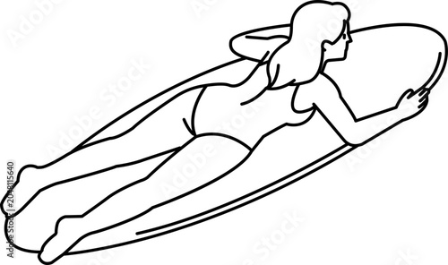 Line art illustration of a woman lying down and relaxing on a surfboard