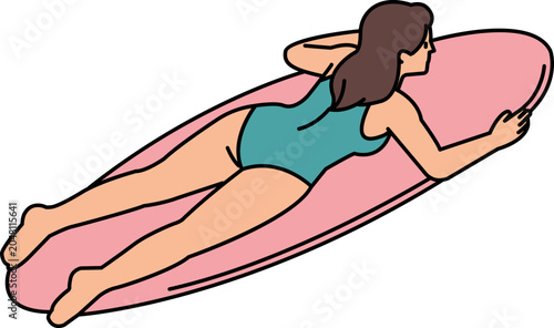 Woman in a teal swimsuit lying down and relaxing on a pink surfboard