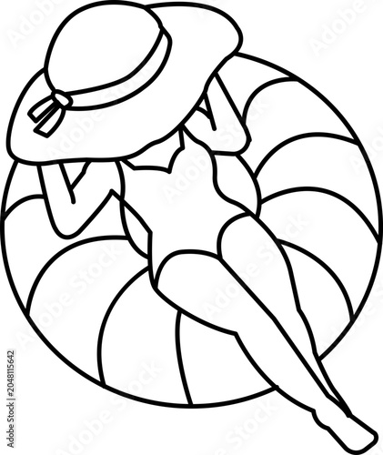 Simple line art of a woman with a large sun hat resting on a pool ring