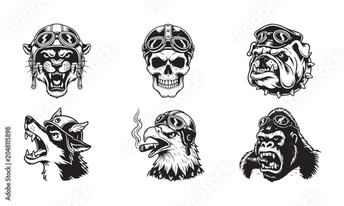 Fotografie Collection of pilot themed animal heads wearing retro goggles including skull panther bulldog eagle and gorilla