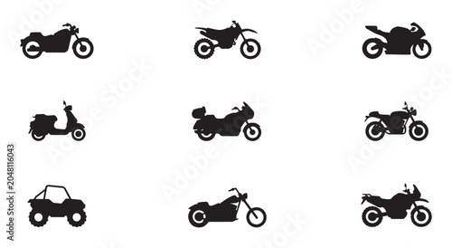 Foto Set of nine motorcycle silhouettes including scooter, dirt bike, chopper, and racing bikes
