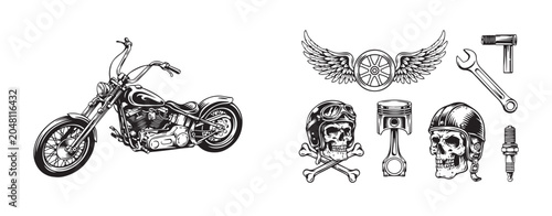 Fotografie Biker graphics collection with chopper motorcycle wheel with wings skull helmet engine piston and wrench elements