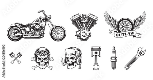 Fotografie Biker elements set featuring chopper motorcycle motor engine and skull vintage graphics for custom apparel design