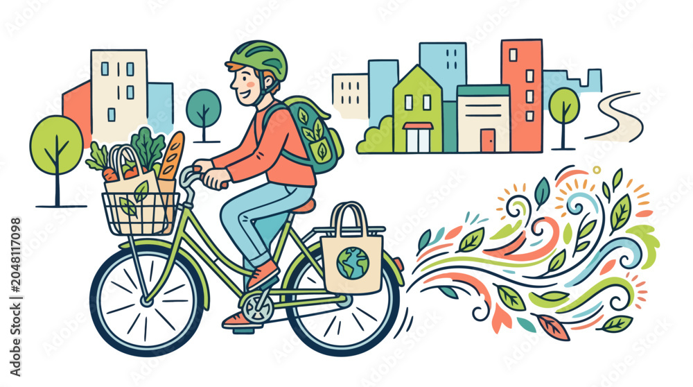 Naklejka premium Eco friendly man riding bicycle with groceries in city hand drawn illustration. EPS Editable
