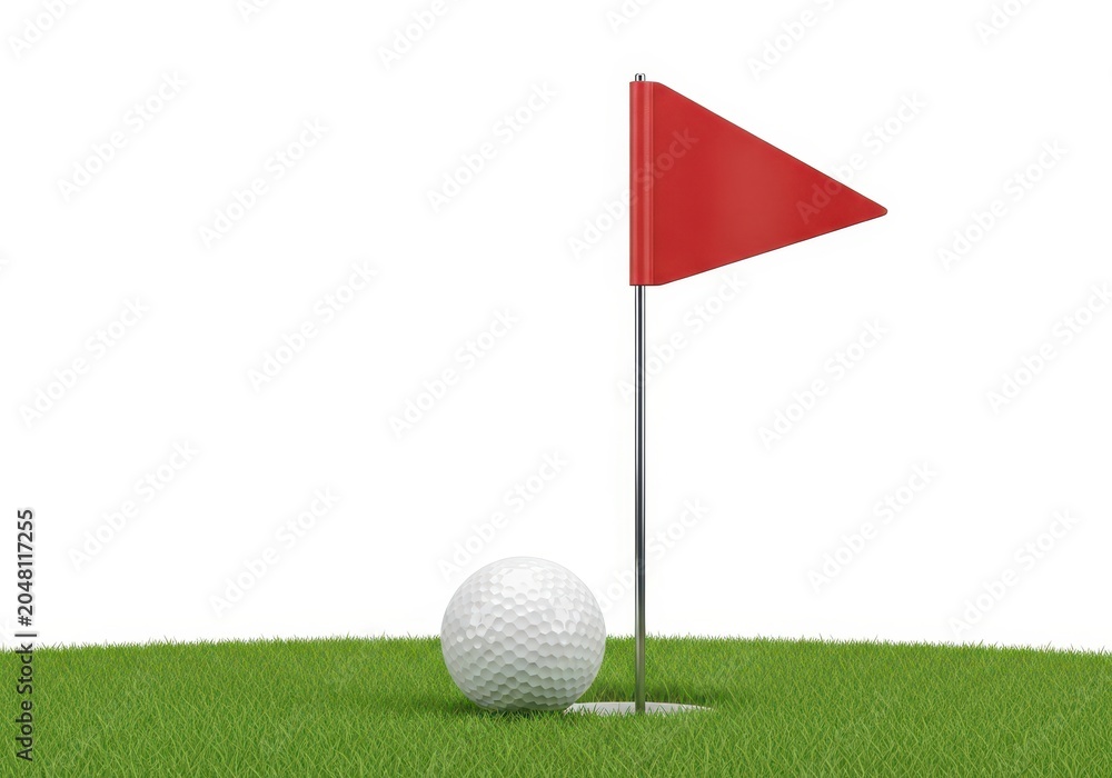 Obraz premium Golf ball next to red flag on putting green in sunlight