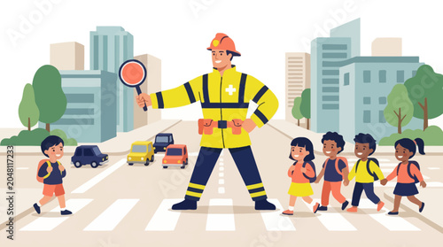 Firefighter helping school children cross the street safely on a crosswalk vector illustration. EPS Editable