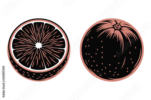 Graphic illustration of whole and sliced citrus orange fruit with vitamins, orangeade