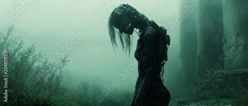 Sorrowful cyborg woman bowing her head in green mist