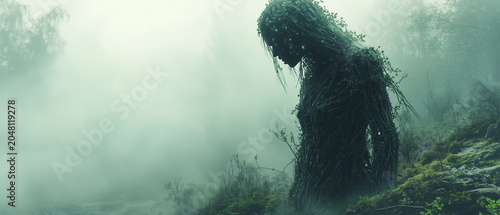 Mournful forest spirit woven from branches and vines in fog