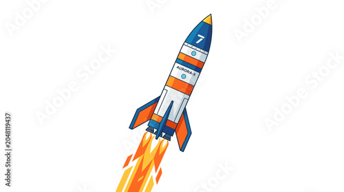 Photography Cartoon Rocket Ship Launching into Space with Fiery Exhaust
