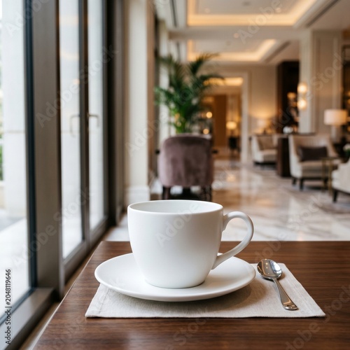 Blank White Ceramic Coffee Cup Mockup on Wooden Table in Luxury Hotel Lobby Background