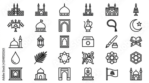 Islamic heritage icons set mosque lantern rosary