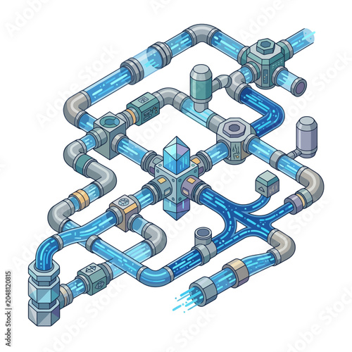 Isometric pixel art of a futuristic pipe system with flowing blue energy liquid. EPS Editable