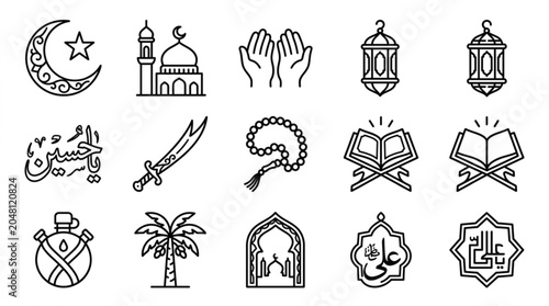 Muharram religious icons and symbols for islamic celebrations