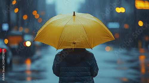 Person holding yellow umbrella in rainy city street with blurred lights and wet pavement, creating moody and reflective atmosphere during stormy weather