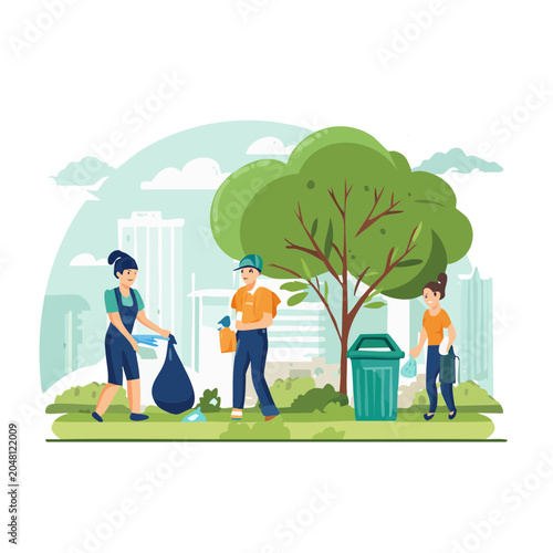 People cleaning a park with a tree and cityscape background