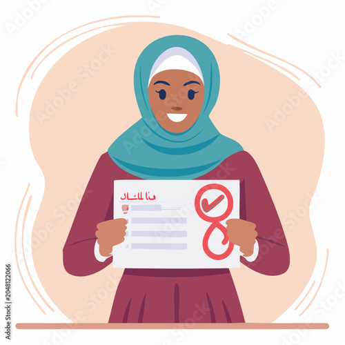 Woman in Hijab Holding a Checklist with Arabic Text and Checkmarks