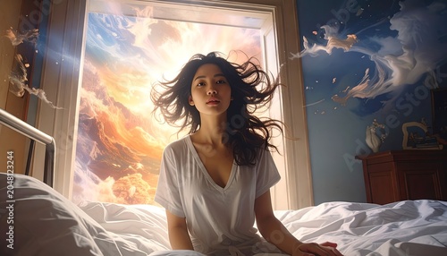 A woman sits on a bed, sunlight streams through a window revealing an ethereal sky, hair flowing