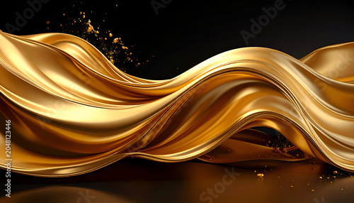 Elegant close-up of flowing gold fabric, capturing light and shadow against a dark background