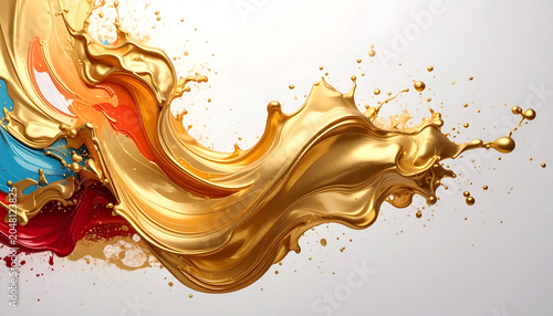 Vivid splash of golden fluid, blending with red, orange and blue on a white background