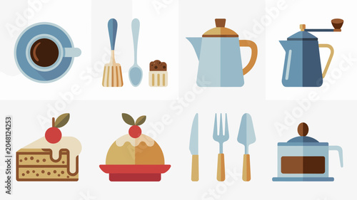 Colorful flat lay of kitchen utensils and desserts.