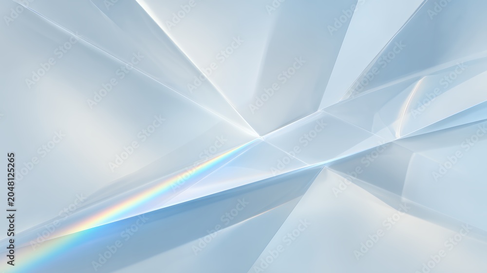 Fototapeta premium Abstract 3D clear crystal glass facets with rainbow light dispersion and prism effects for elegant futuristic backgrounds.