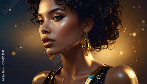 Portrait of a woman with curly hair, shimmering skin, and elegant gold earrings
