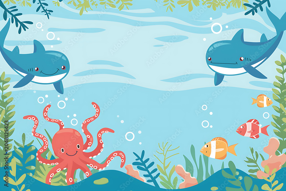 Fototapeta premium Flat vector cartoon underwater sea life scenery offering clean central layout space for preschool environmental education infographic poster