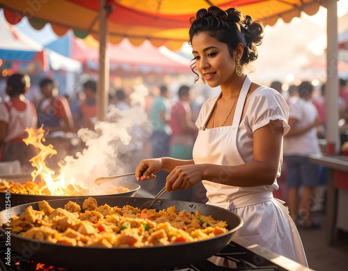 A woman in an apron cooks at an outdoor food stall, preparing a large meal in a flaming pan amidst a bustling crowd