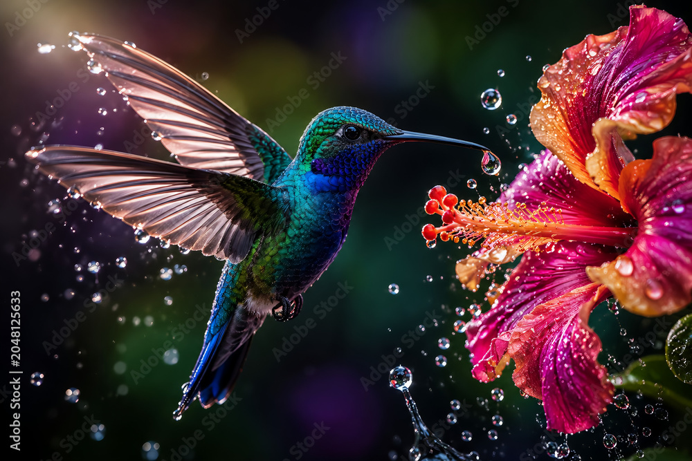 Obraz premium Vibrant Hummingbird Feeding From Tropical Flower With Water Droplets