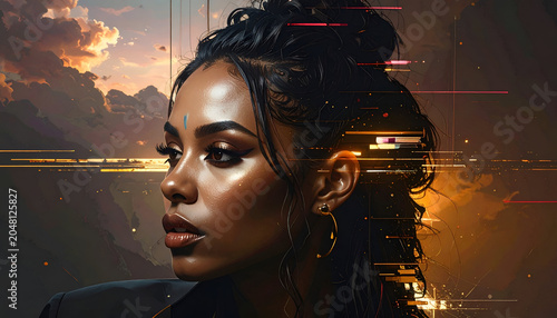 Portrait of a woman with sleek dark hair, against a cloudy sky with digital enhancements