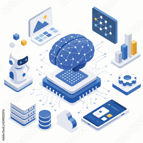 Isometric Artificial Intelligence and Machine Learning Technology Concept Illustration