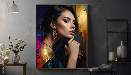 A portrait painting of a woman with vibrant abstract background, on a wall