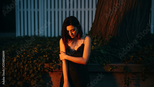 Sad Woman in Black Dress Evening Light Moody Outdoor Portrait.