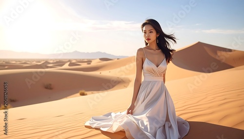 A woman in an elegant, flowing gown stands amidst towering sand dunes under a bright, sunny sky. The desert backdrop extends to the horizon