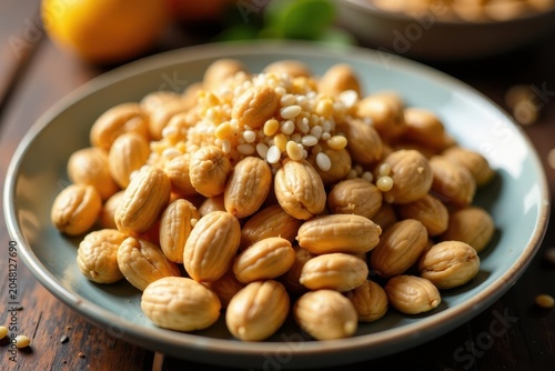 Close-up peanuts scattered on a plate with sesame seeds and sunflower seeds, allergy, peanuts, seed allergy