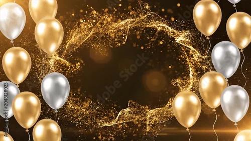 Golden and Silver Balloons with Glittering Particles on a Dark Background.