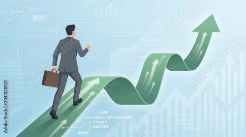 businessman holding a briefcase walking up a wavy green ascending arrow, symbolizing career advancement, financial growth, and business success against a digital technology background.