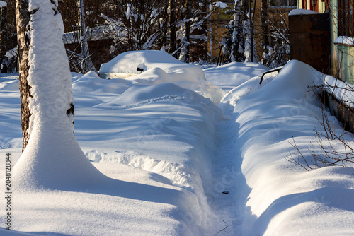 Foto Narrow footpath cleared through deep white snowdrifts in a residential yard near